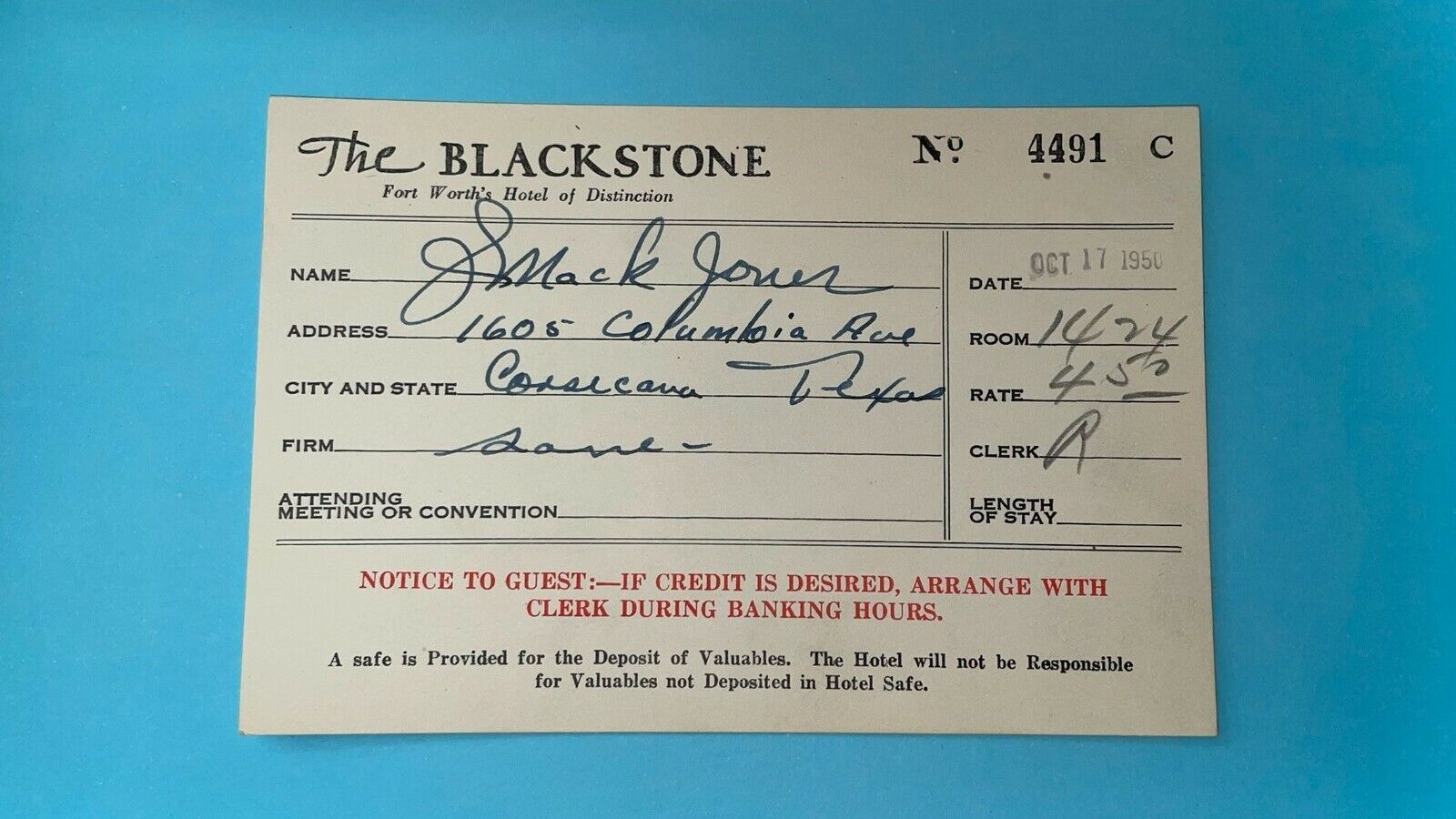 Vintage historic check in card 1950 Blackstone Hotel Fort Worth  MINT