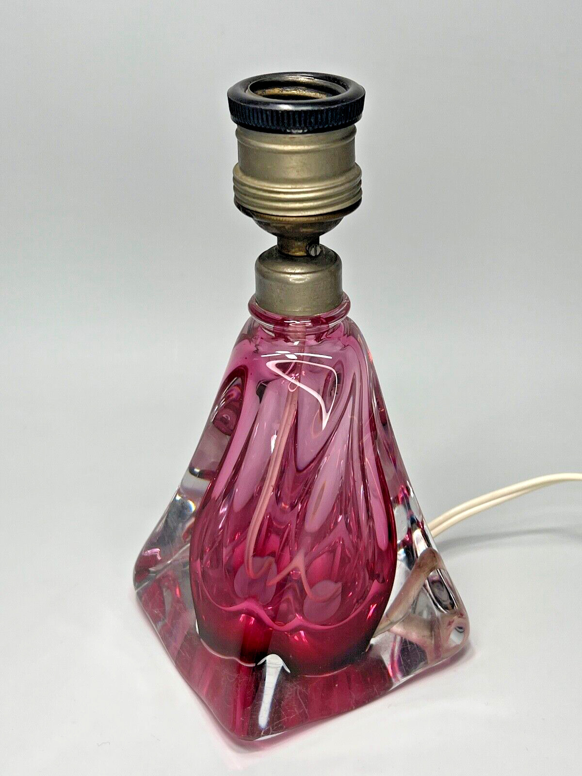 VTG MCM Belgium Val St.lambert Clear Cranberry Crystal Swirl Glass Table Lamp