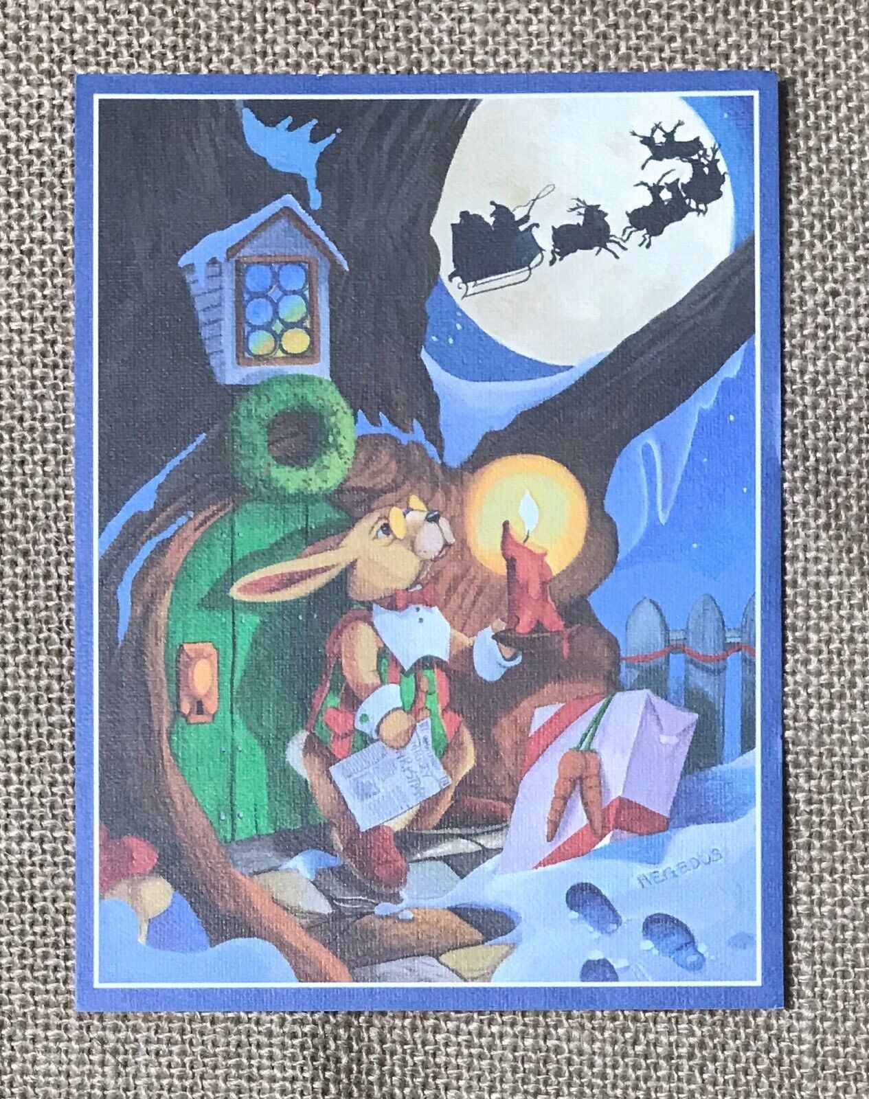 Vintage Christmas Card Michael Hegedus Anthropomorphic Rabbit Santa Sleigh Moon