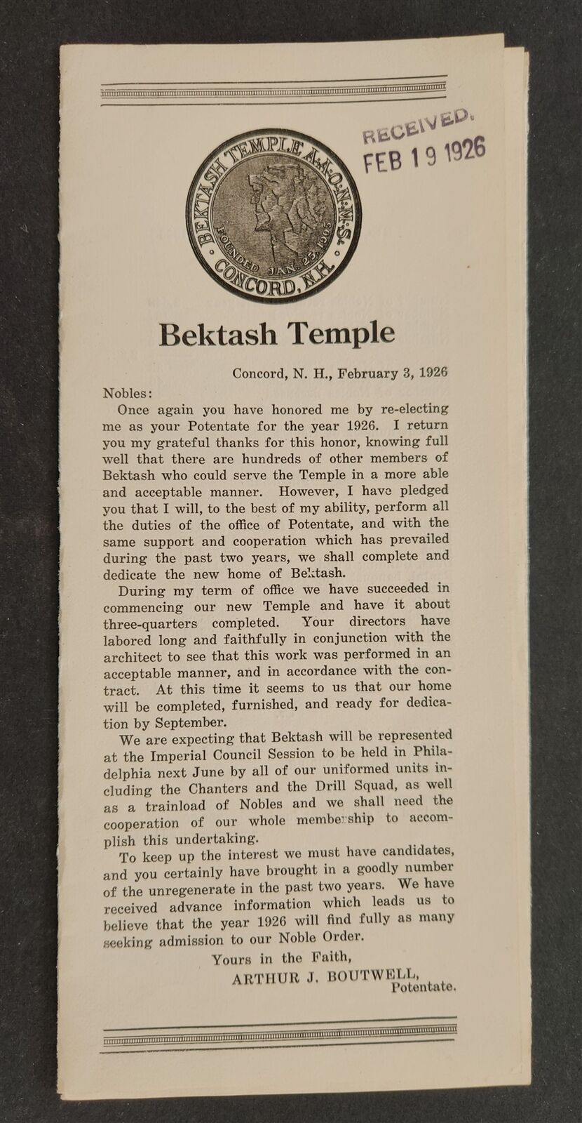 1926 antique MASONIC BEKTASH TEMPLE AAONMS concord nh 1st ANNUAL REPORT boutwell