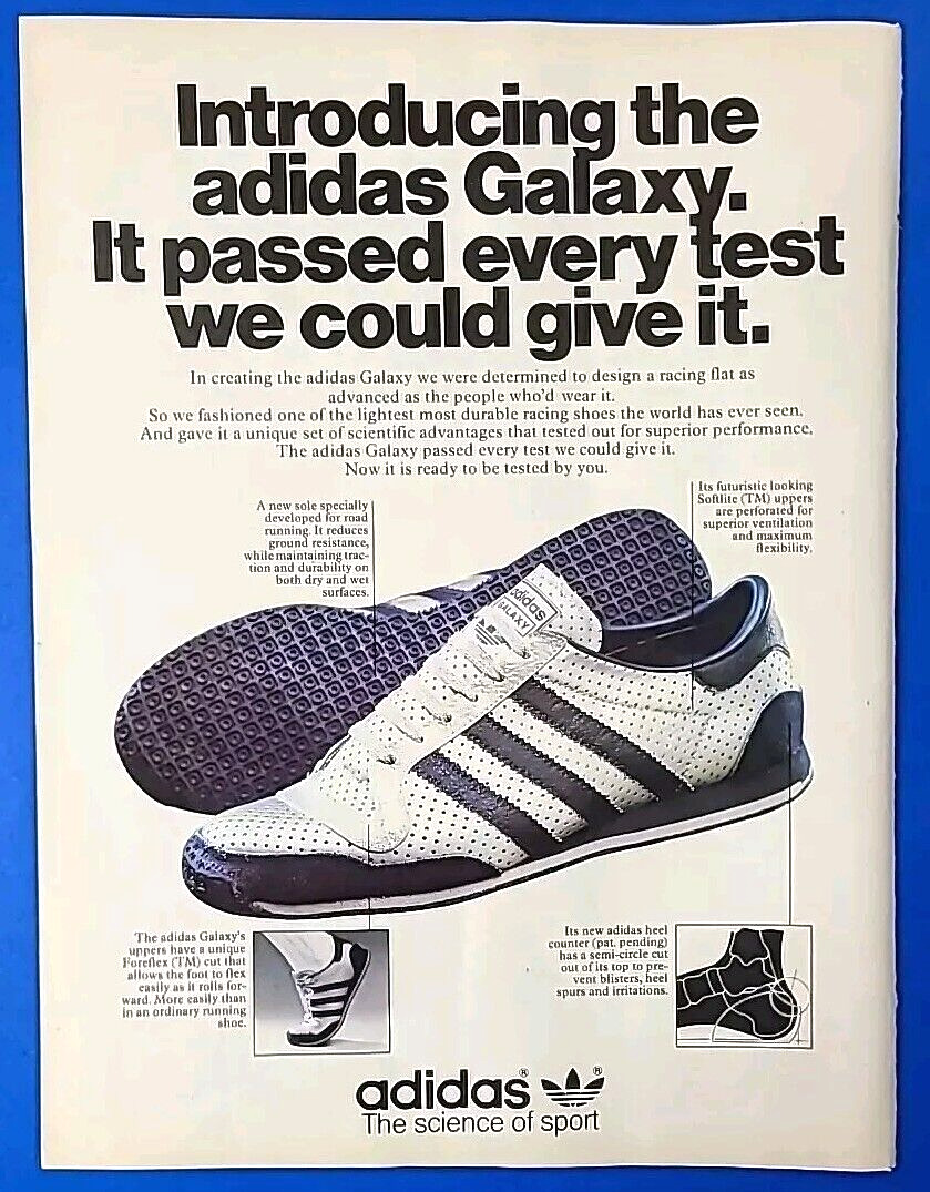 1979 Adidas Galaxy Racing Shoe The science of sport Vtg 1970\'s Magazine Print Ad