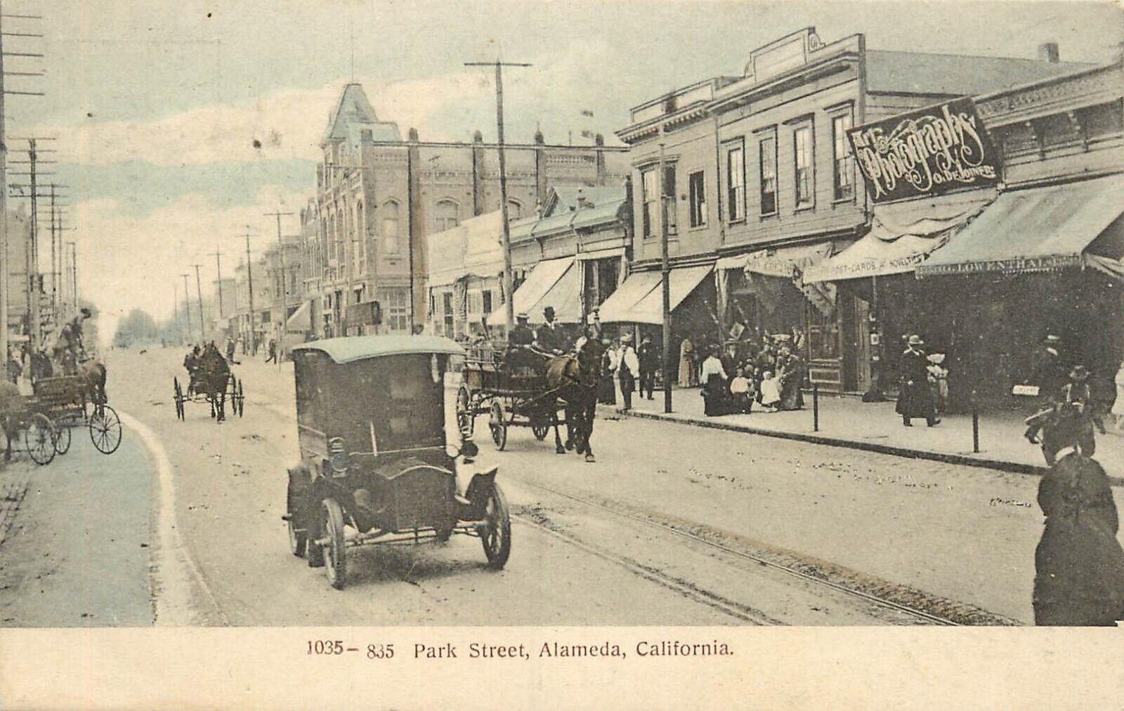 1908 Postcard Alameda CA Park Street Scene, DeJoiner Postcard Photography Studio