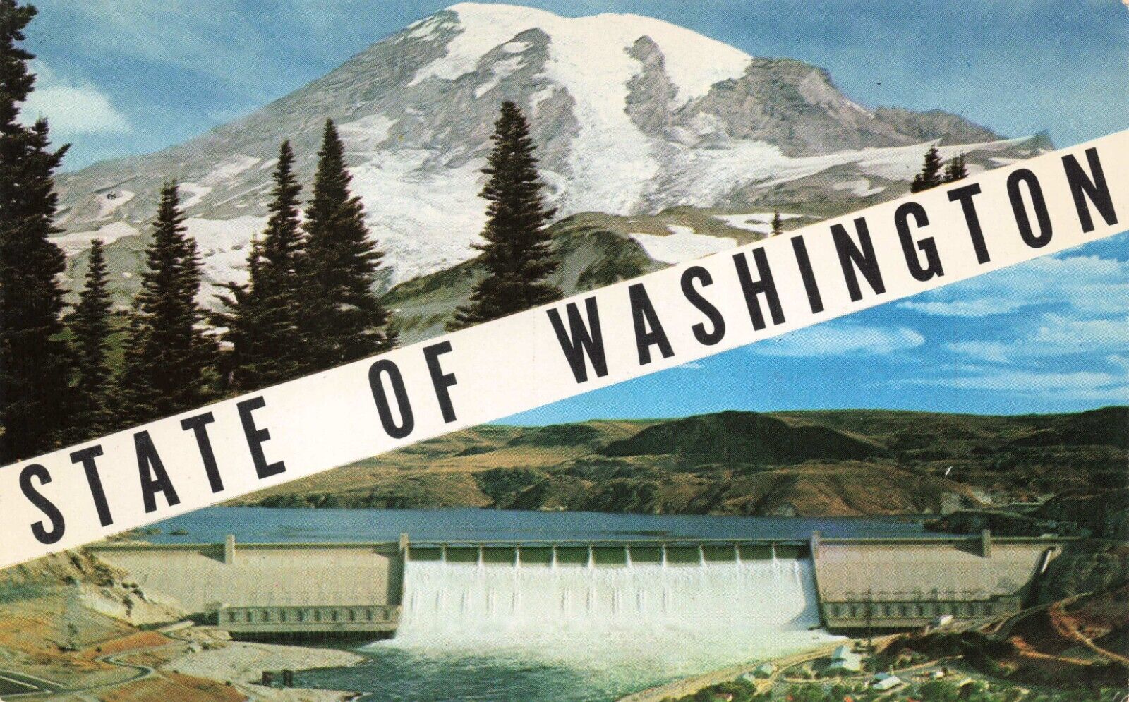 Postcard WA Big Banner Letter Coulee Dam Mount Rainer Grand Forest Water Trees