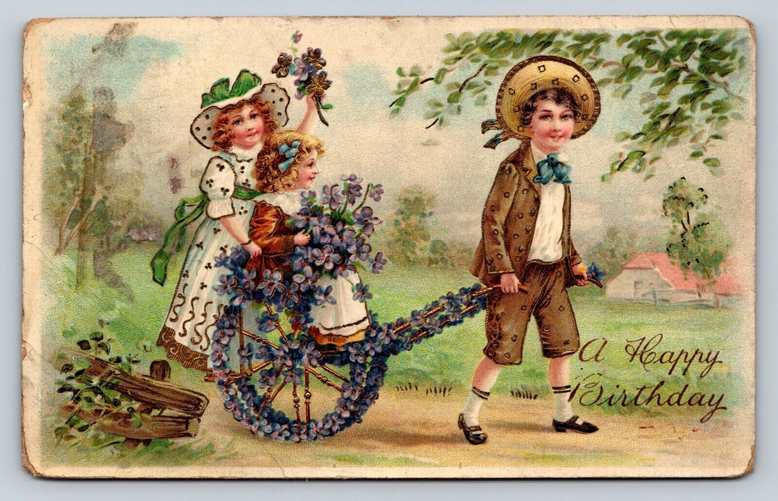 c1915 Happy Birthday Children Floral Wagon Nice Design ANTIQUE Germany Postcard