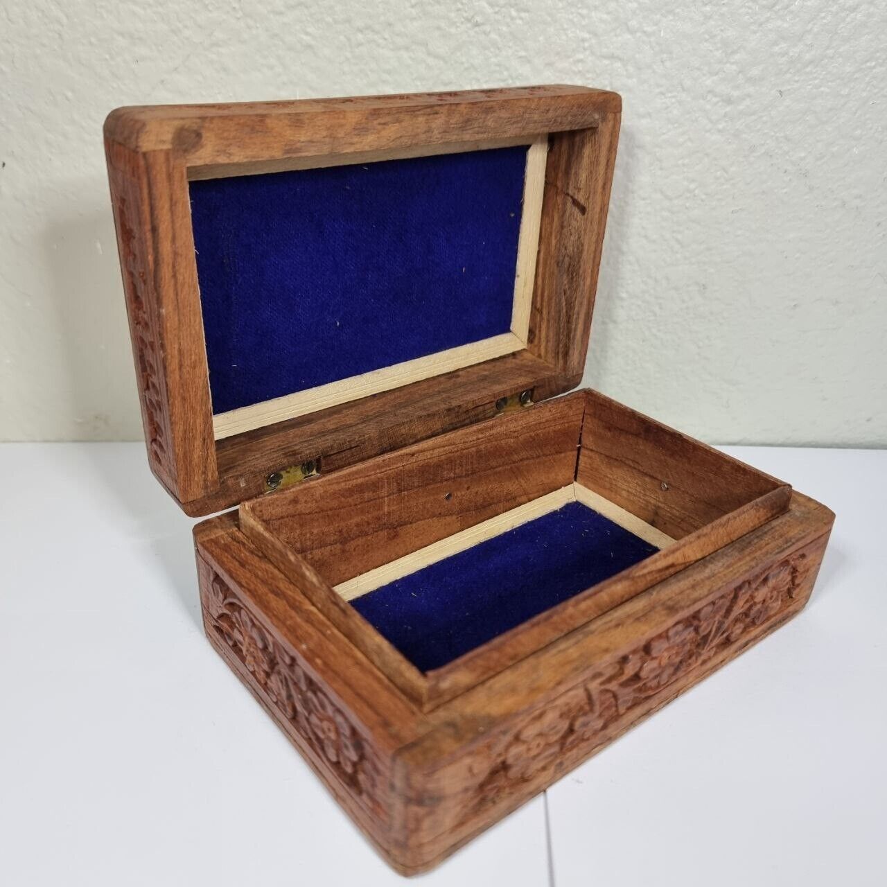 Vintage Floral Brass Inlaid Carved Wooden Trinket Box
