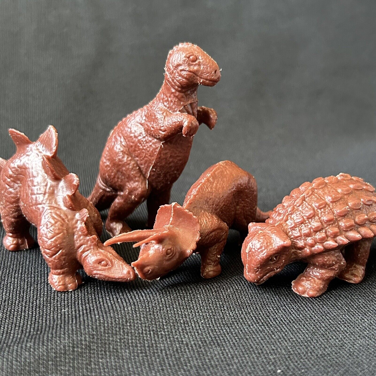 Vtg Red Brown Plastic Dinosaurs: Triceratops Stegosaurus Ankylosaurus Allosaurus