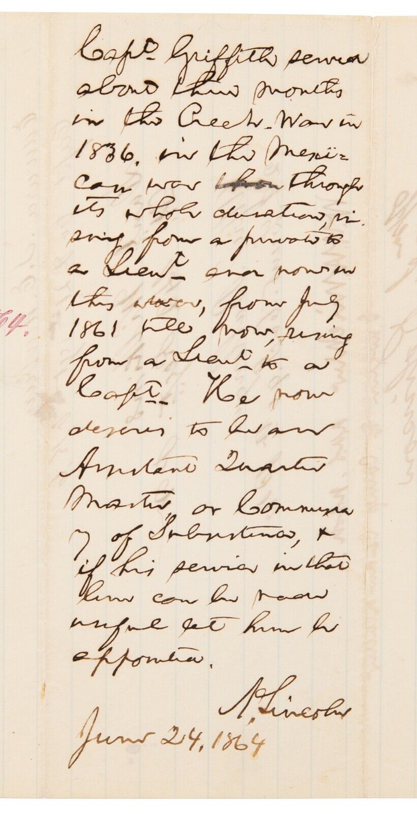 Abraham Lincoln Autograph Endorsent Written as President Re: War Wounded Soldier