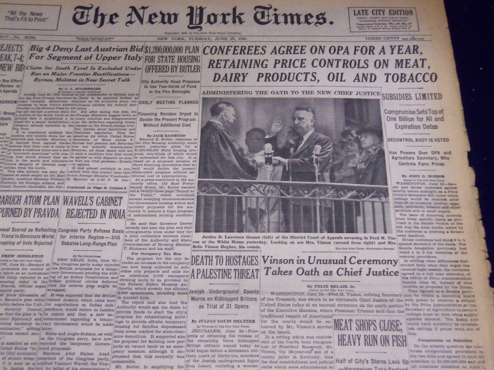 1946 JUNE 25 NEW YORK TIMES - VINSON NEW CHIEF JUSTICE - NT 3246
