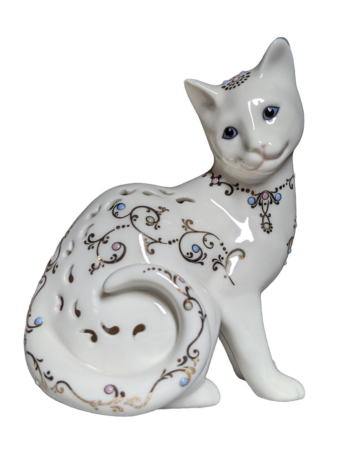 LENOX Jewels Of Light Cat Figurine 4.5” Curled Tail Blue Eyes Bone China Jeweled