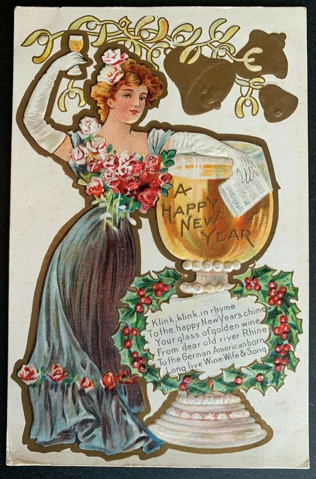 Postcard Woman Raising Glass for Toast - Happy New Year Poem