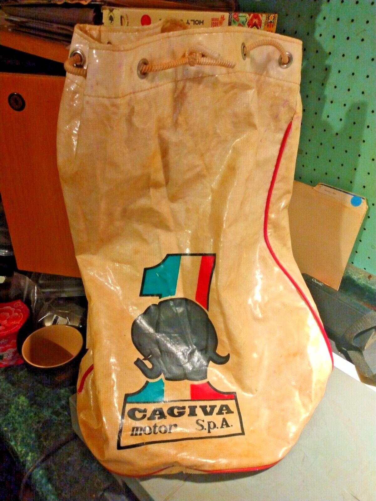 Vintage 1980\'s Cagiva elephant logo factory motocross racer\'s gear duffle bag 