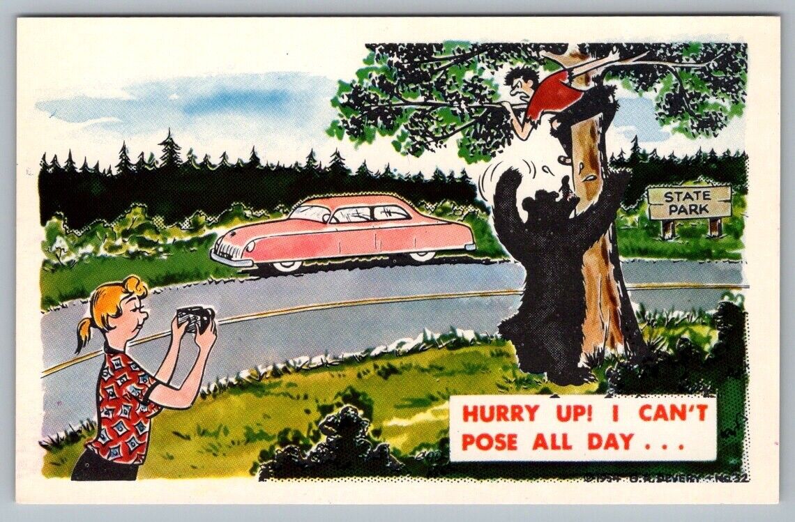 Postcard Comic Humor Bear Attack Hurry Up I Can\'t Pose All Day GAD