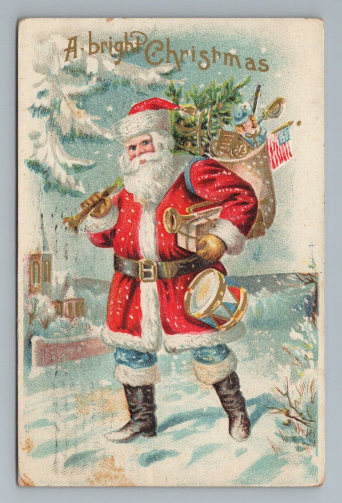 1910 Bright Christmas Santa Claus Patriotic Sack Embossed Toys Vintage Postcard