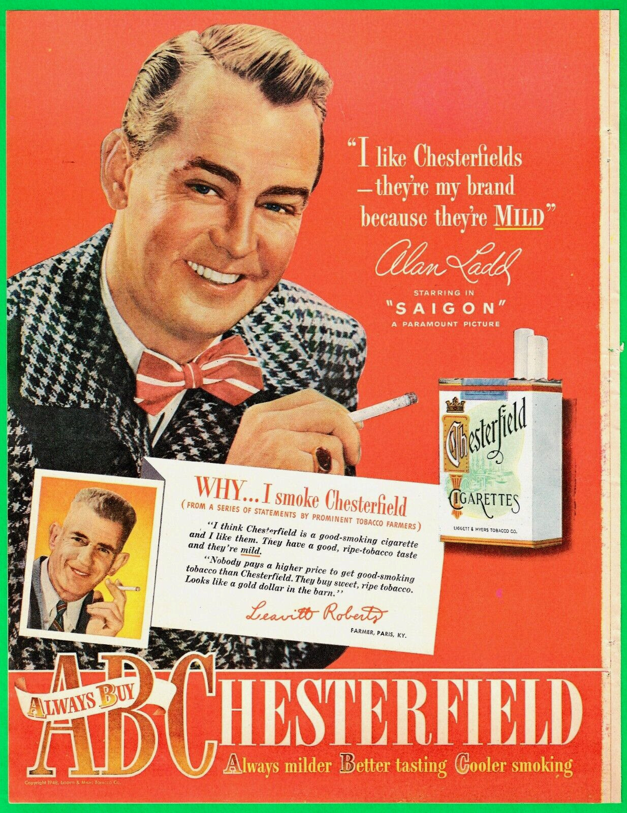 1948 CHESTERFIELD CIGARETTES AD ~ ALAN LADD starrring in \