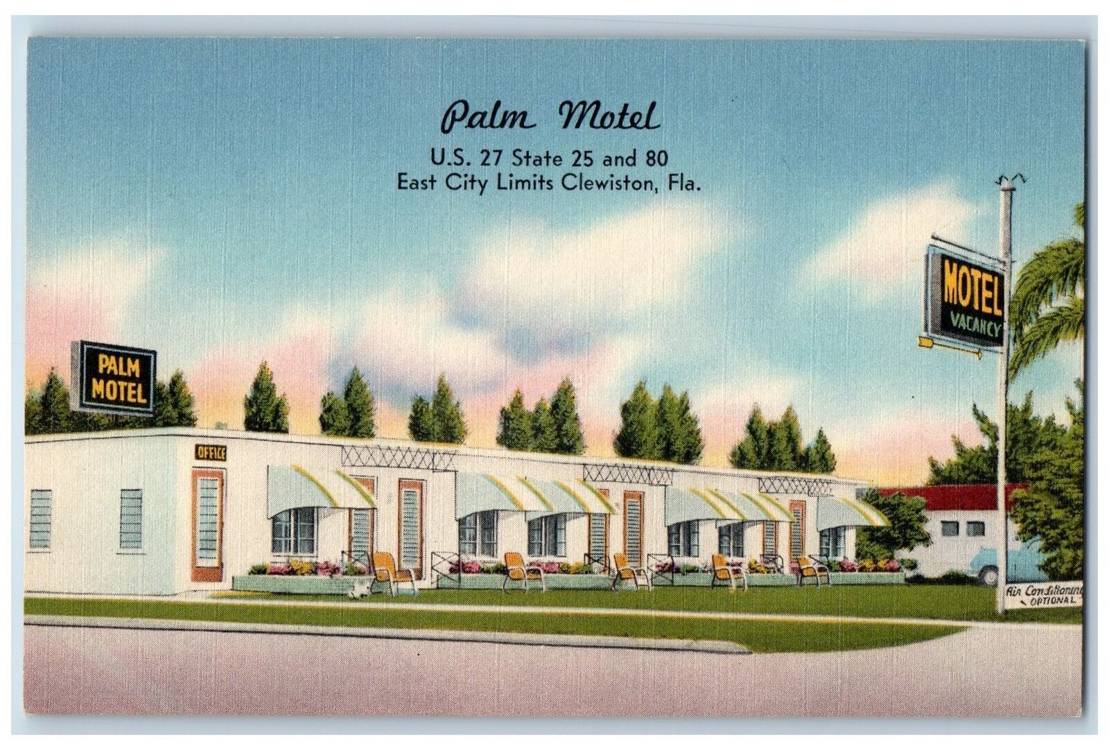 c1940's Palm Motel & Restaurant Cottages Classic Car Clewiston Florida Postcard