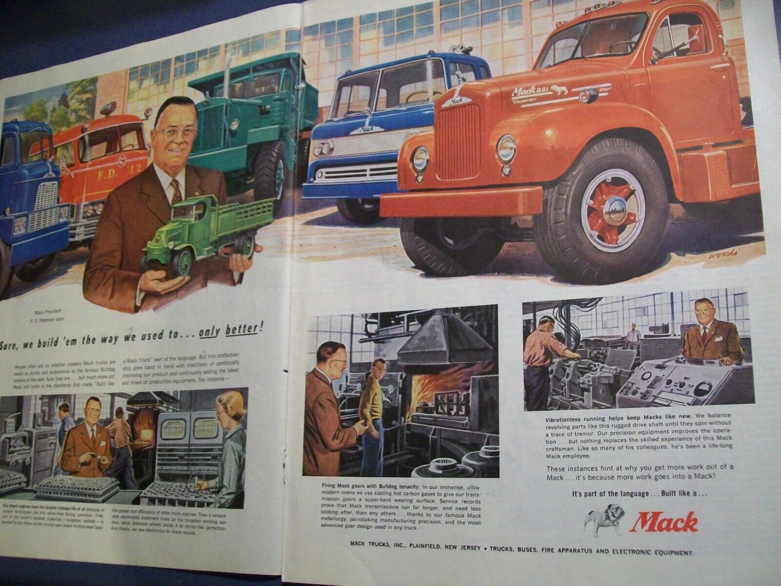 1956 Mack large-mag 2-page truck color ad- fire truck tilt-cab dump