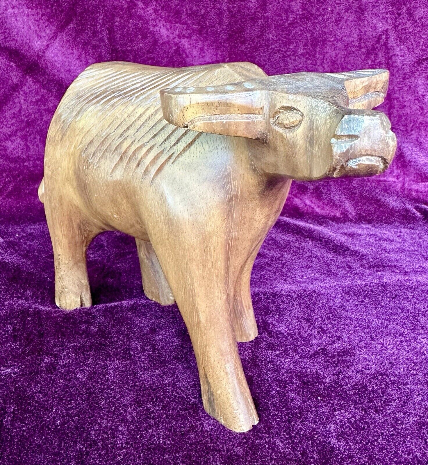 African Water Buffalo Figurine Hand Carved Wood Statue Vintage