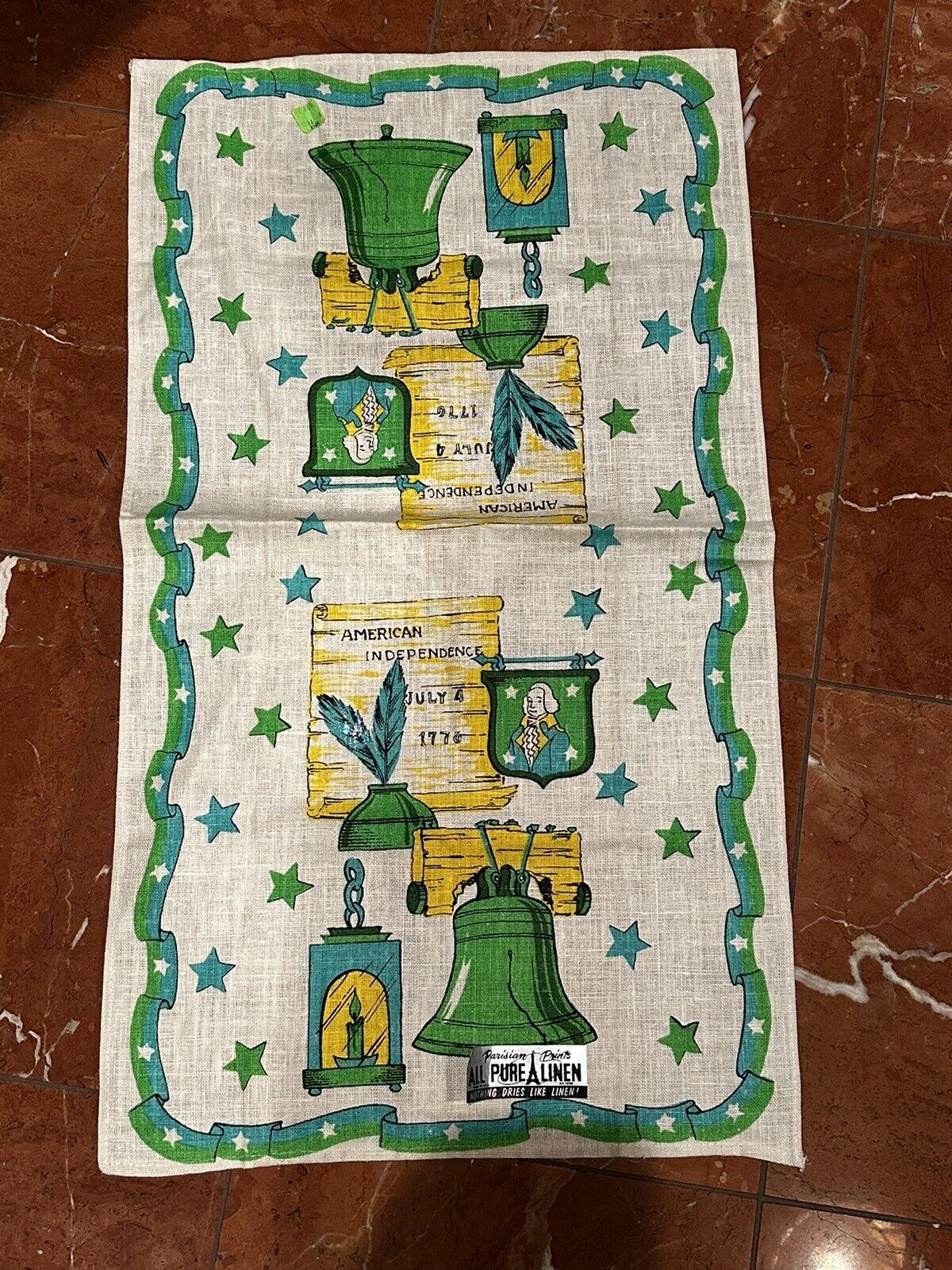 PARISIAN PRINTS VINTAGE 970S GREEN ALL PURE LINEN DISH TOWEL INDEPENDENCE NEW