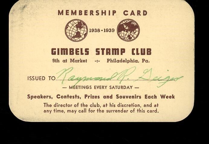 1938/9 Gimbels Stamp Club Membership Card, Philadelphia, PA