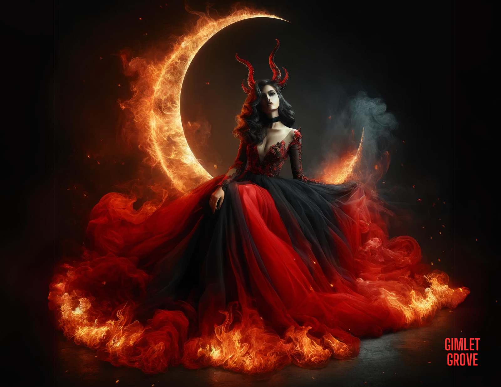 Beautiful Fiery Demon Woman Postcard Burning Crescent Moon Art Print 5.5x4.25\