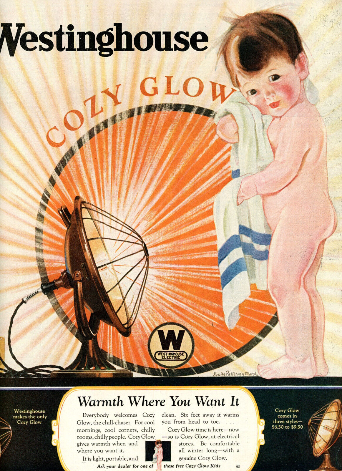 1925 Original Westinghouse Cozy Glow Heater Ad. Nude Boy w/Towel Lucille P Marsh