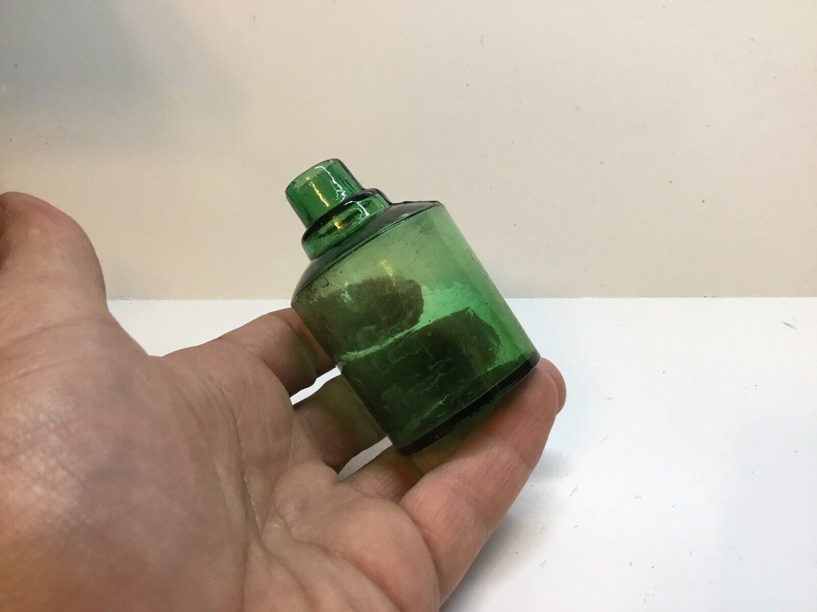 Round Antique Emerald Green Ground Top 3 Piece Mold Perfume Bottle.