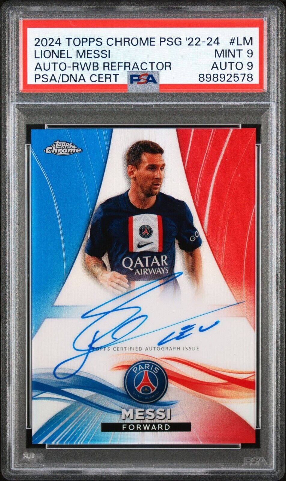 2022-24 TOPPS CHROME PSG LIONEL MESSI /50 AUTO ON CARD PSA 9 MINT CARD AND AUTO