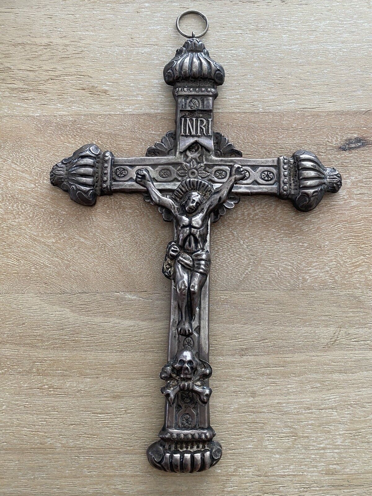 10” Vintage  18th Century Sterling Silver Crucifix Skull & Bones