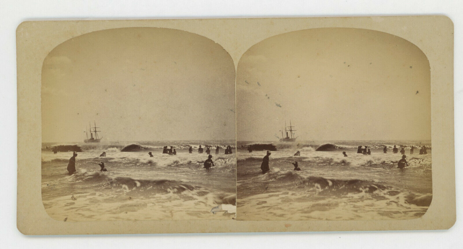 1870\'s CAPE MAY, N. J. STEREOVIEW, SHIP & SWIMMERS, PHOTOGRAPHER W. LONG