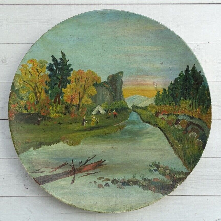 Antique Flue Cover Folk Art River Landscape Oil Painting Camping in Wilderness