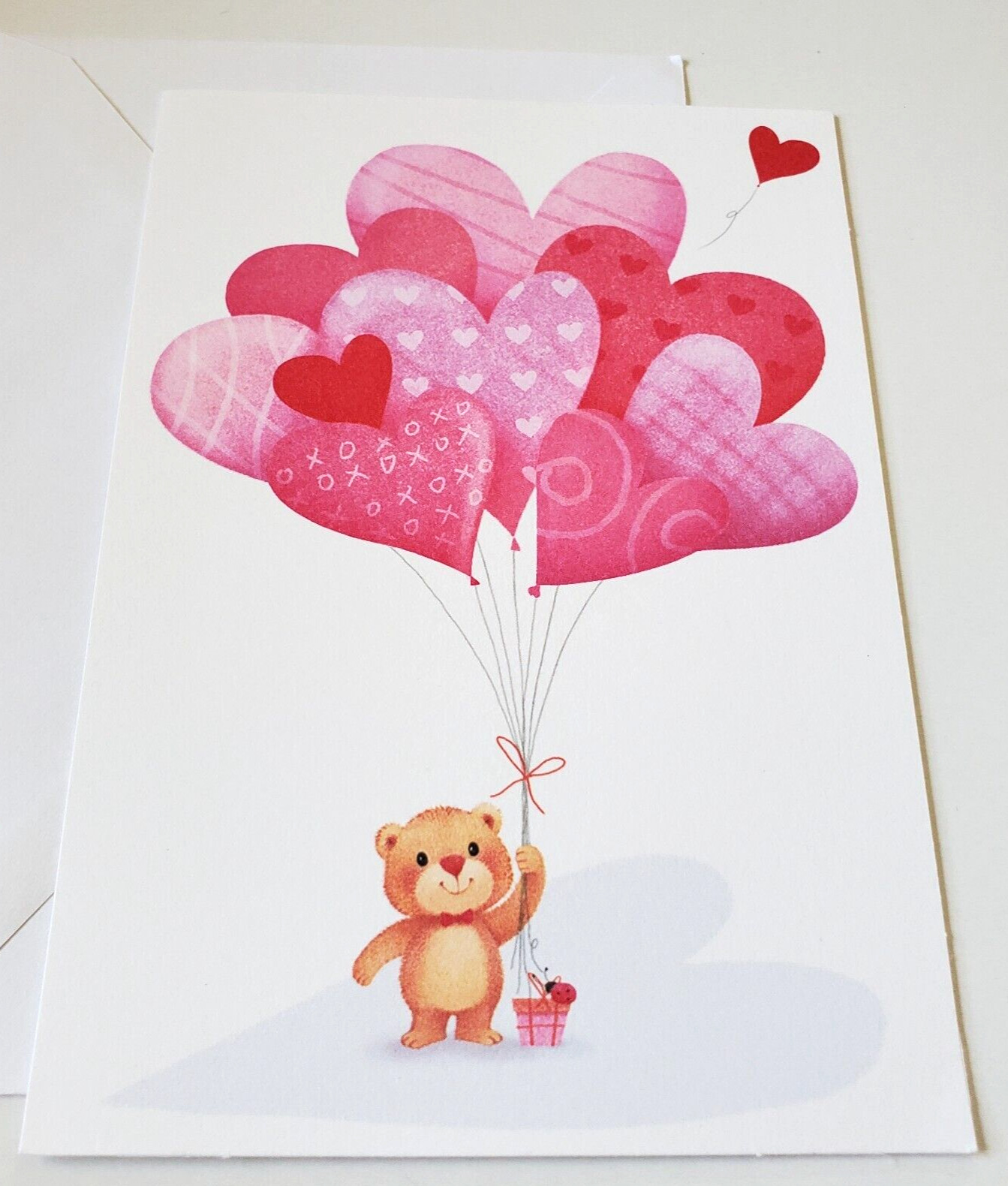 Vintage Valentine\'s Day Card Cute Bear and Ladybug with Huge Heart Bouquet
