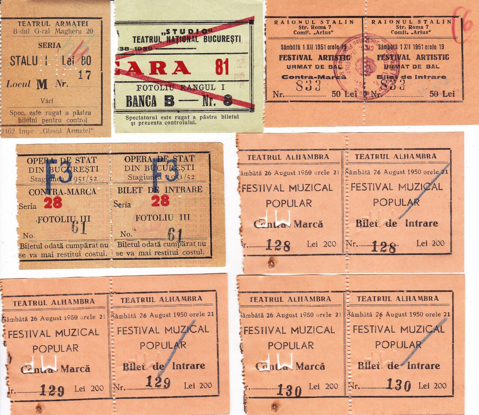 Romania, 1940\'s-50\'s, 7 Theatre Tickets - Army Theatre, Studio, ARLUS, Alhambra