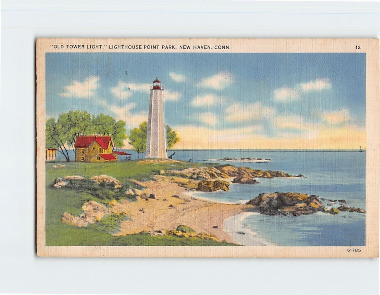 Postcard Old Tower Light Lighthouse Point Mark New Haven Connecticut USA