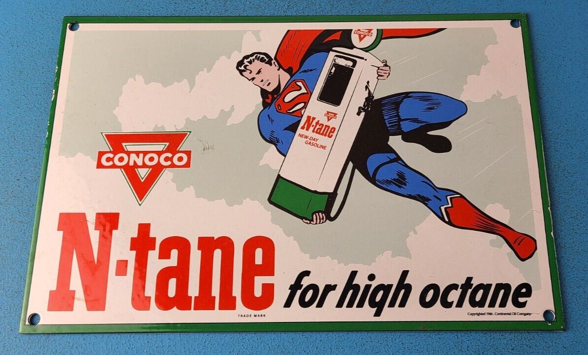 Vintage Conoco Gasoline Sign - Superman Comics Porcelain Gas Pump Sign