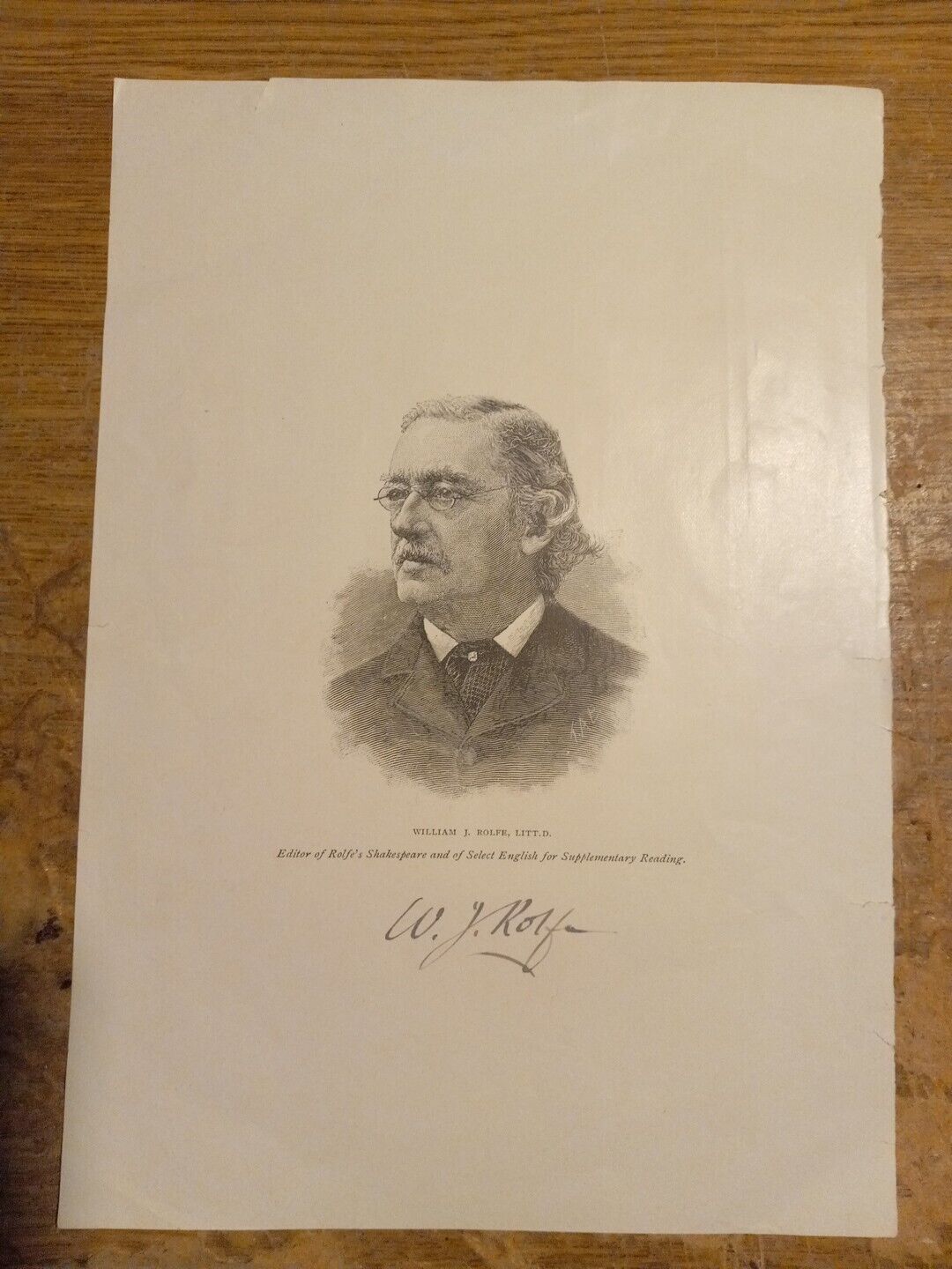 Signed Woodcut portrait of author William J.Rolfe Newburyport,Massachusetts