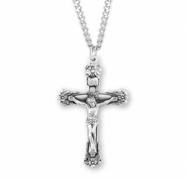 N.G. Sterling Silver Floral Design Crucifix Cross Pendant Necklace, 1 3/4 Inch