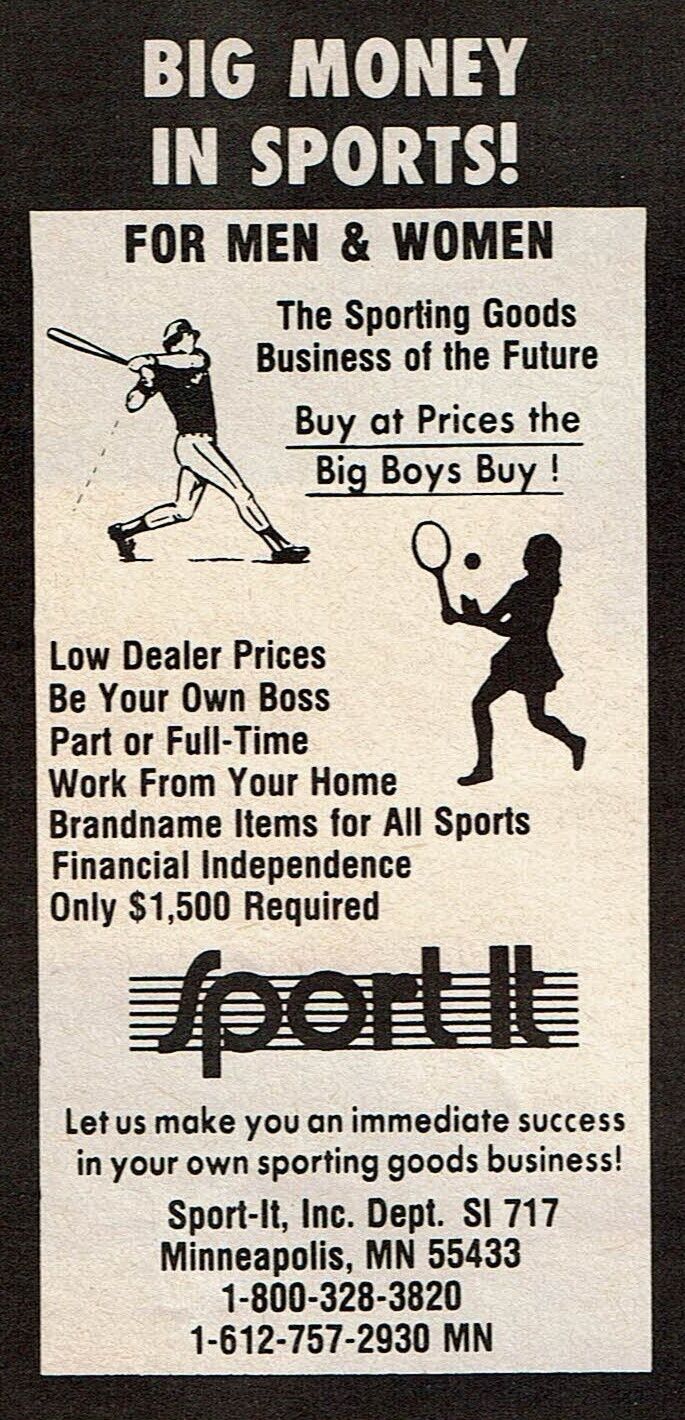 1985 Vintage Print Ad Sport-It Big Money In Sports For Men & Women Sporting Good