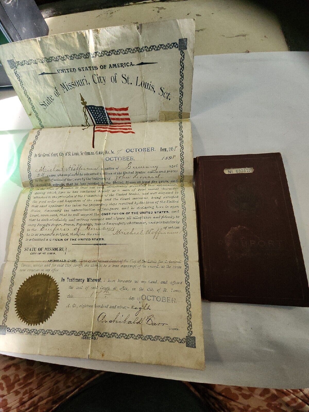 Vtg 1928 U.S Passport Born in Germany 1874 & Naturalization Document 1898 PB3
