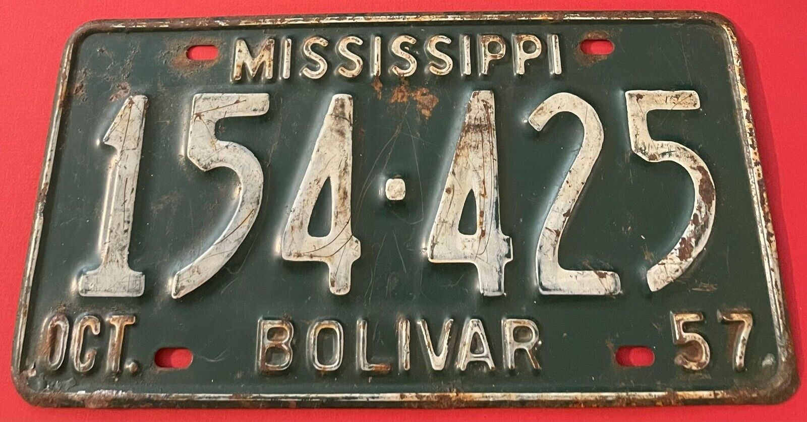 Vintage 1957 Mississippi License Plate 154-425 Bolivar County Cleveland Shelby