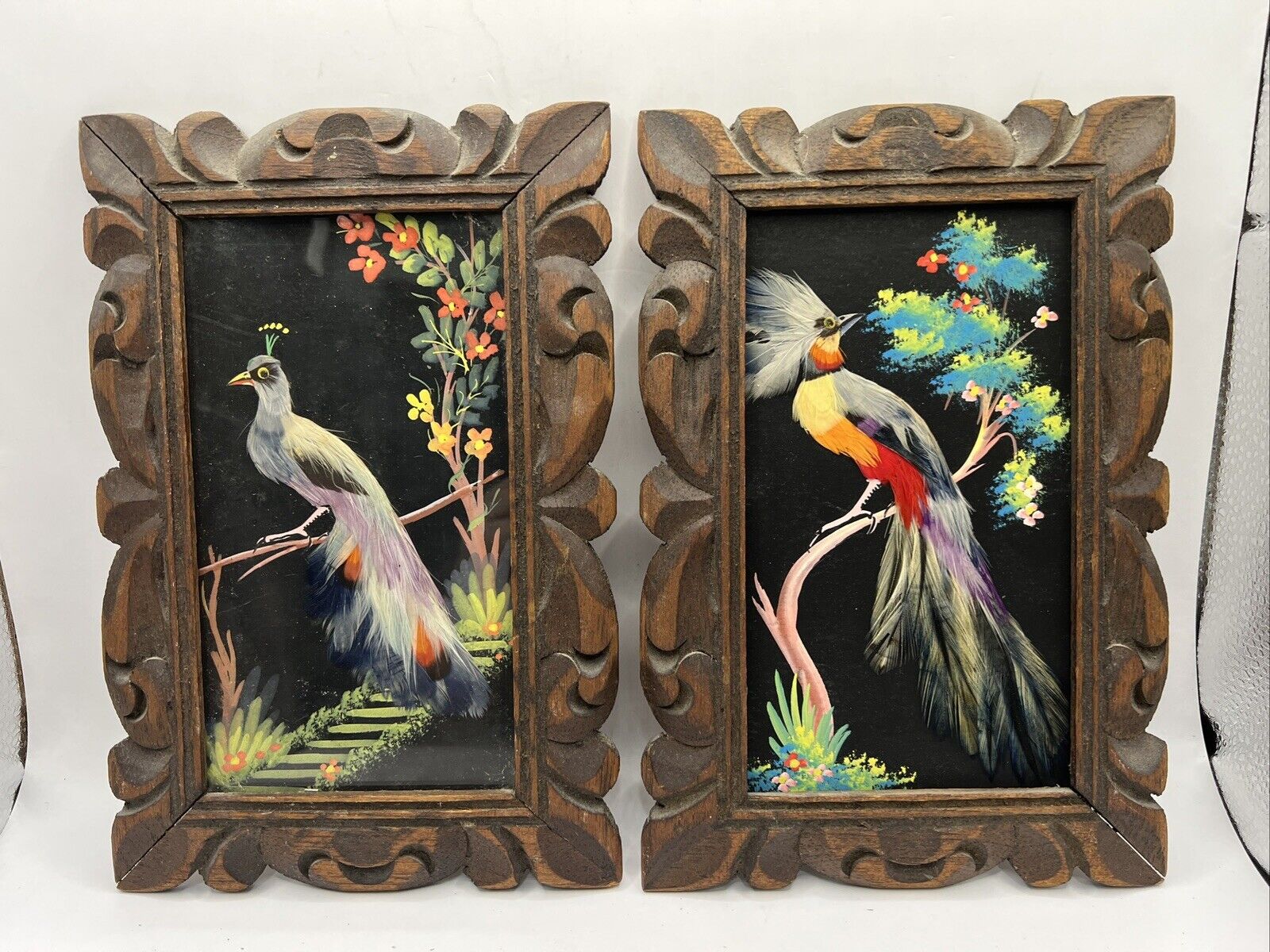Vintage Folk Art 2 Bird Paintings Real Feathers Made in Mexico Carved Frame