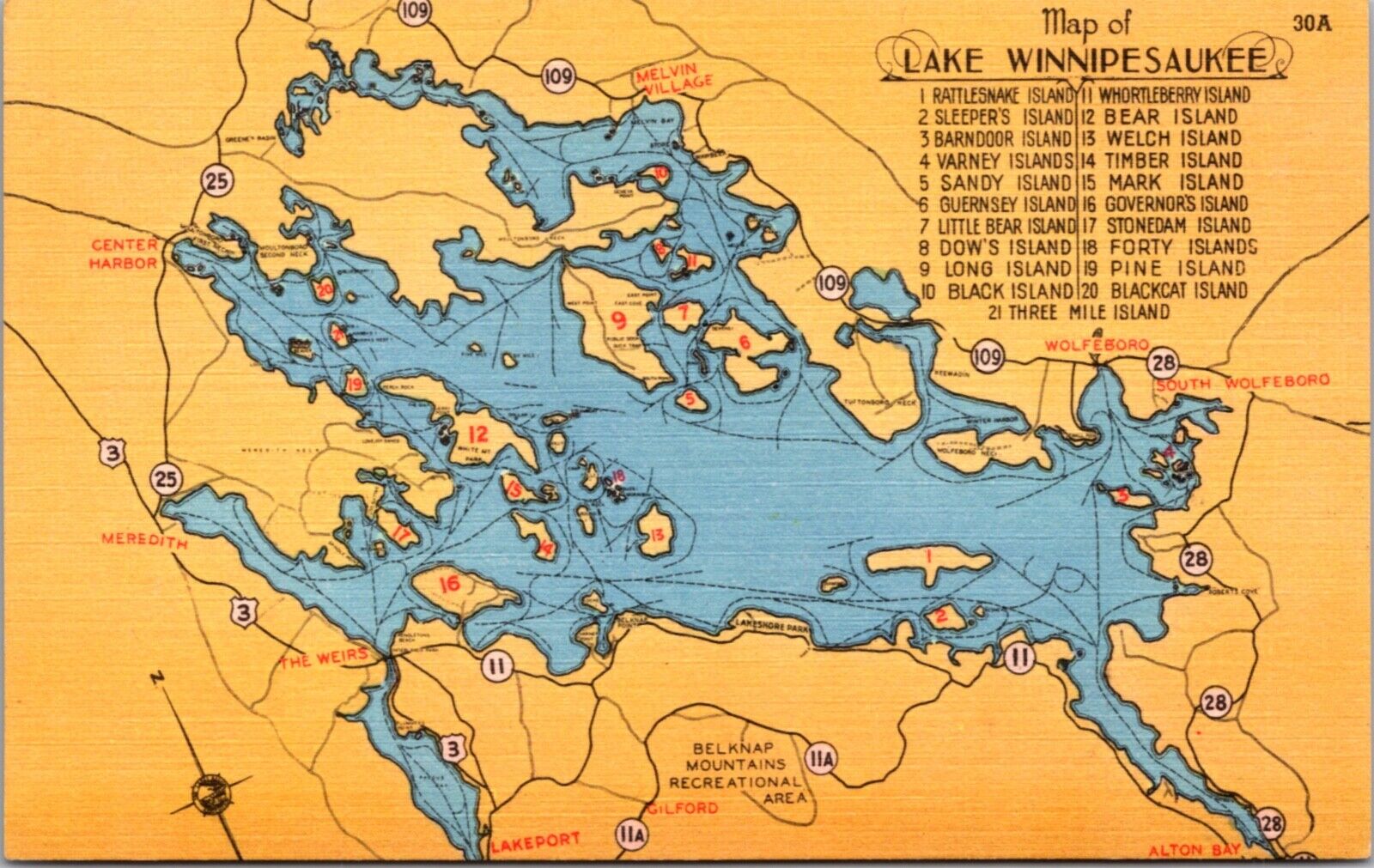 Postcard Road Map of Lake Winnipesaukee, New Hampshire
