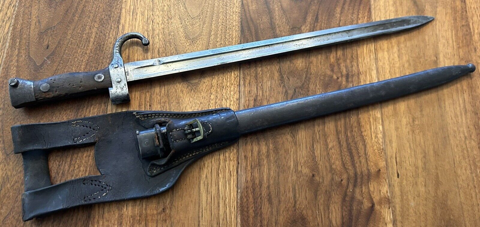 PRE WWI-FRENCH M1892 BERTHIER BAYONET WITH SCABBARD AND LEATHER FROG