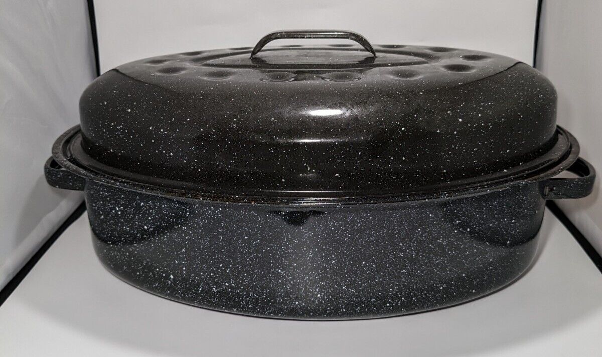 Vintage Black Enamel Speckled Oval Roasting Pan W/Handles & Lid 14 x 10