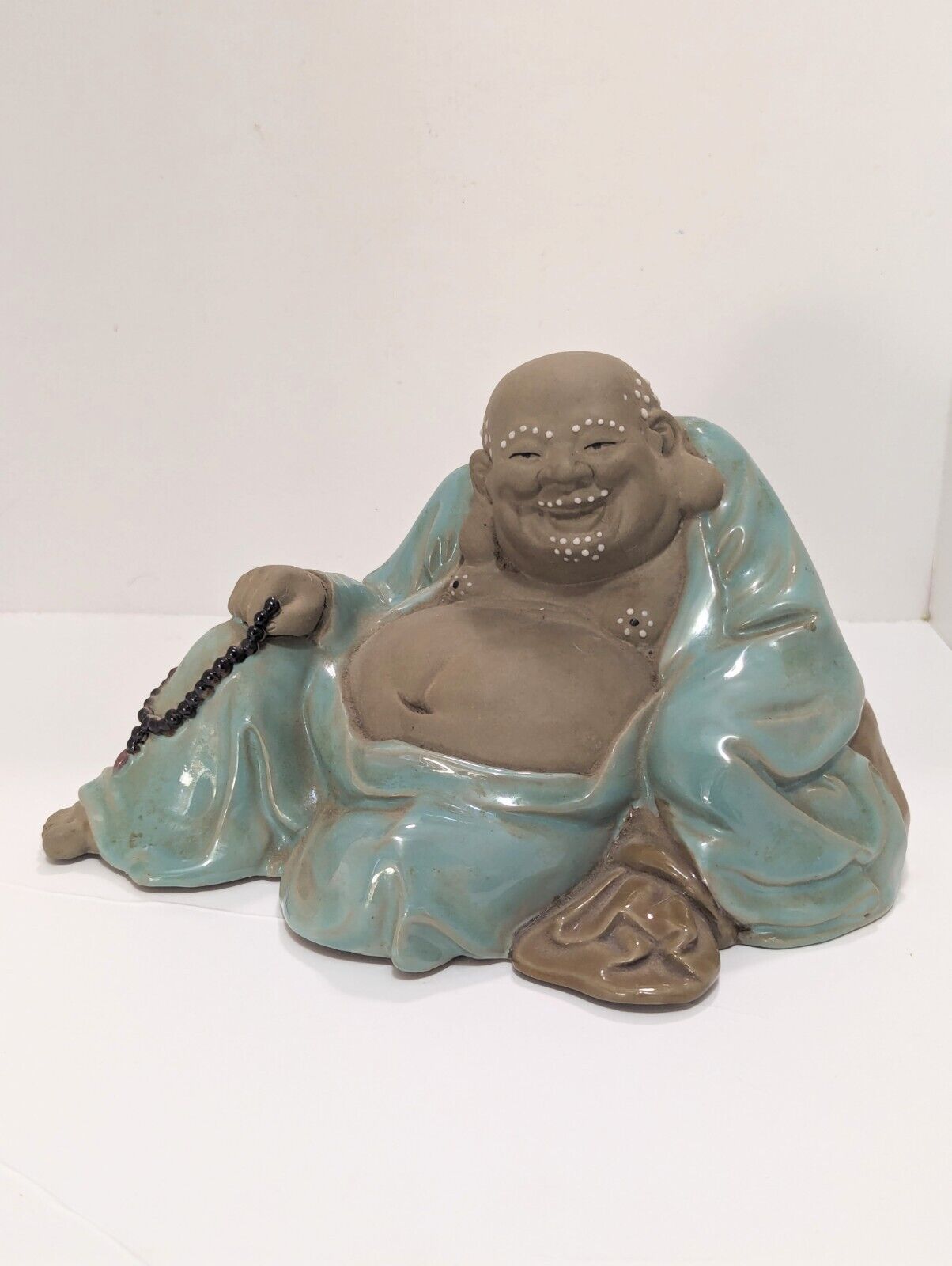 Chinese Mudman Glazed Clay Shiwan Pottery Figurine Asian Man Buddha Bag & Beads
