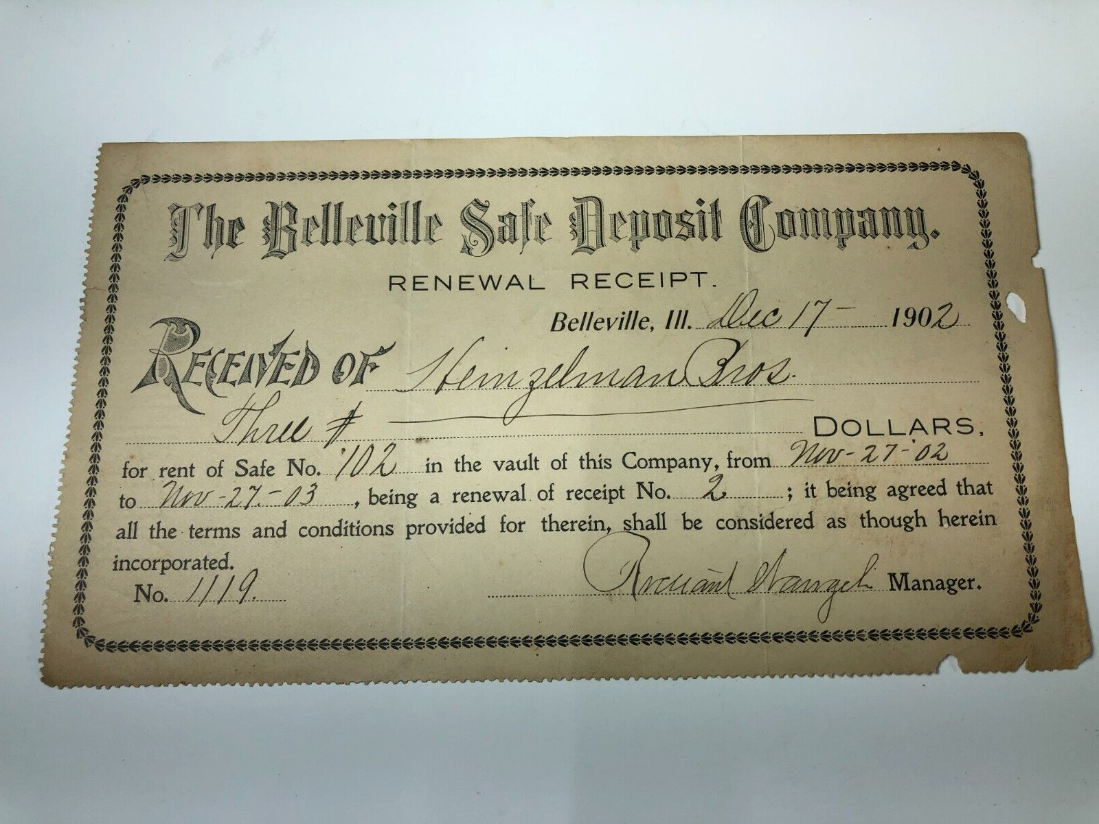 Belleville, IL The Belleville Safe Deposit Co. Receipt 1902