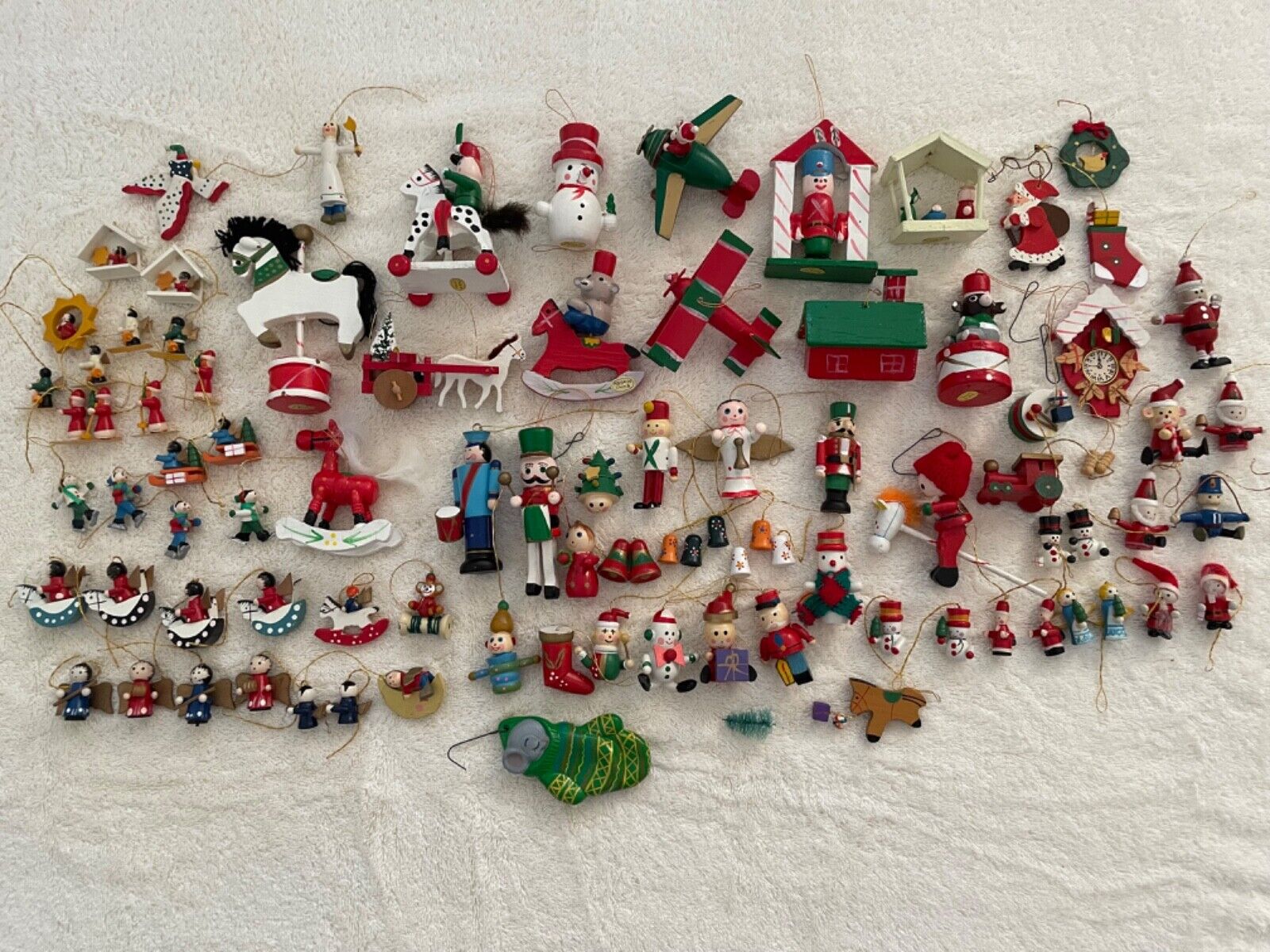 Vintage lot 80+ miniature wooden Christmas ornaments 1970-1999 snowman Santa