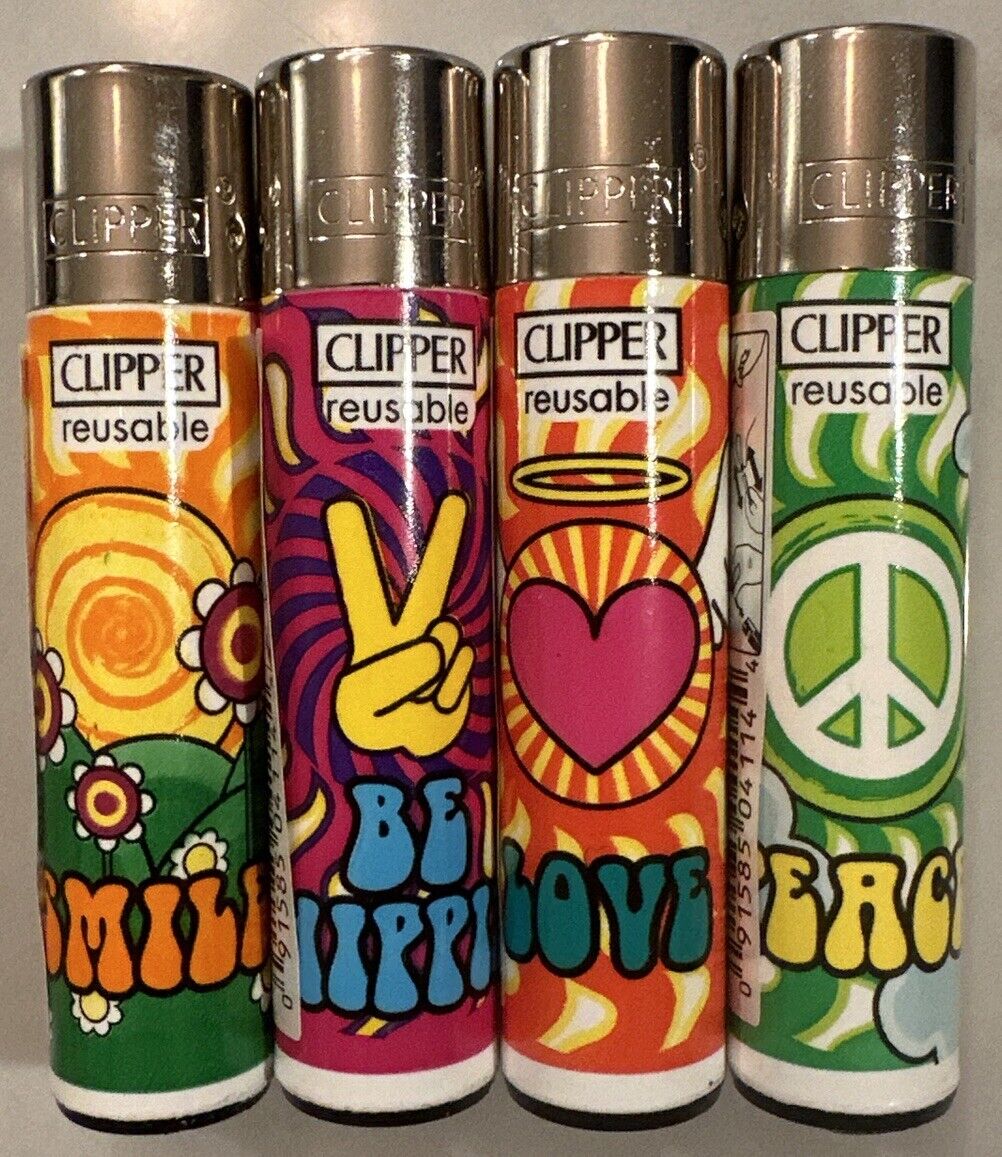 NEW Peace Clipper lighters set of 4 - Peace Love Smile Be Hippie 
