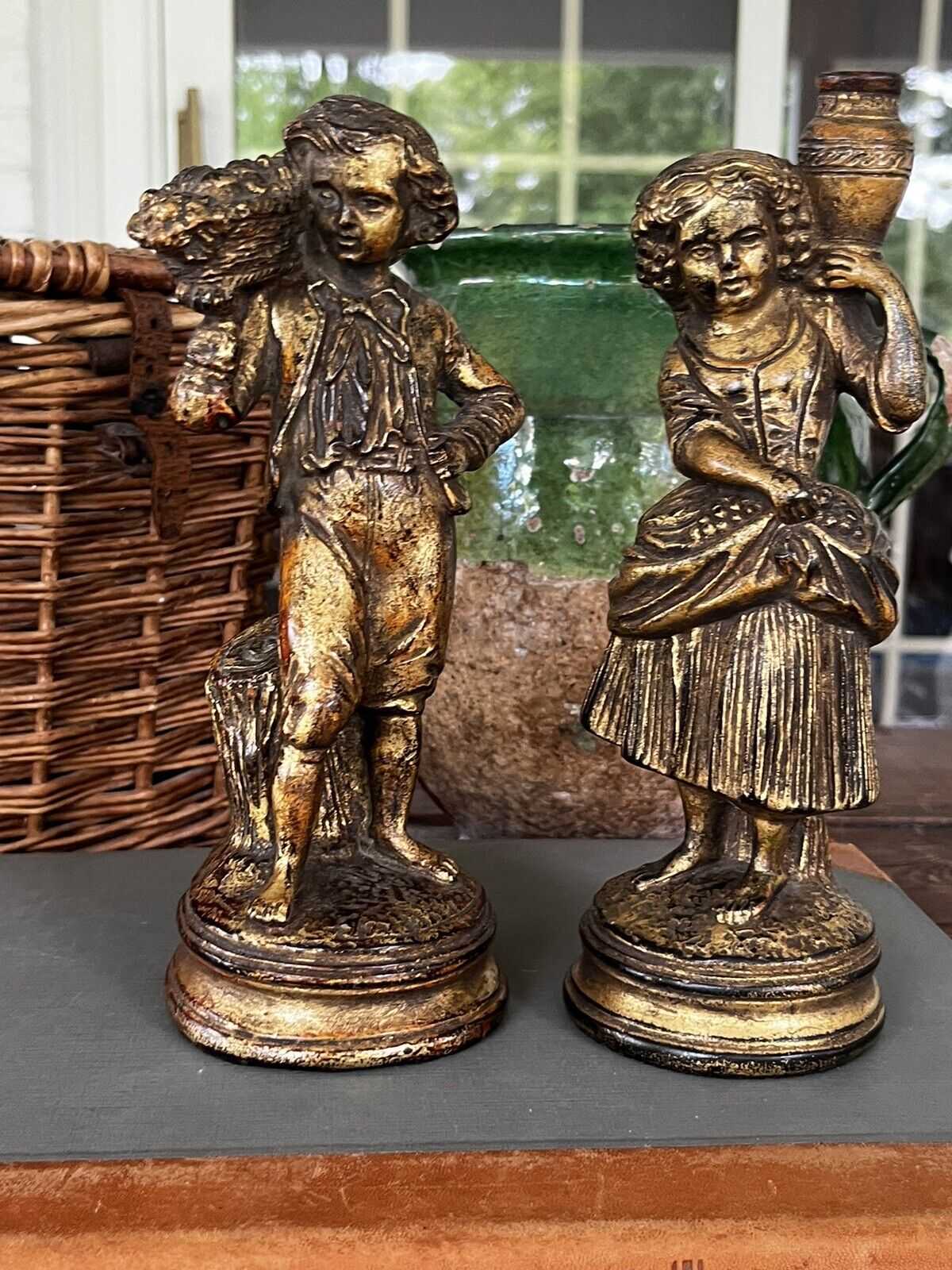 Vintage Pair of Borghese Gold Painted Boy and Girl Plaster Figurines Italy 9\