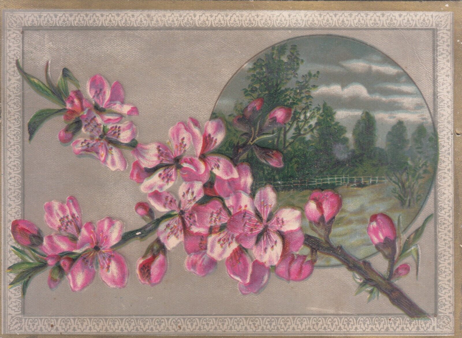 Pink Flowers on Branch Fence Forest Embossed No Advertising Vict Card c1880s