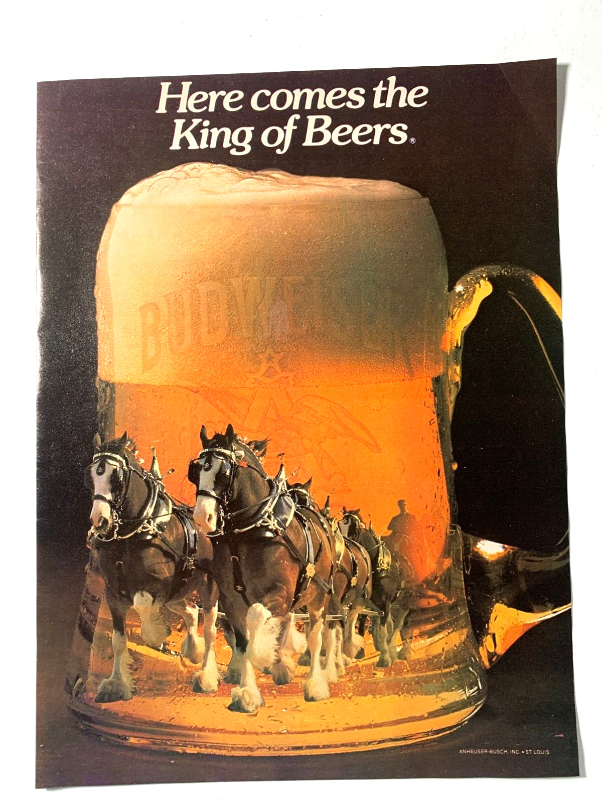 1979 Budweiser Beer Print Ad Clydesdales King of Beers Glass engraved Budweiser